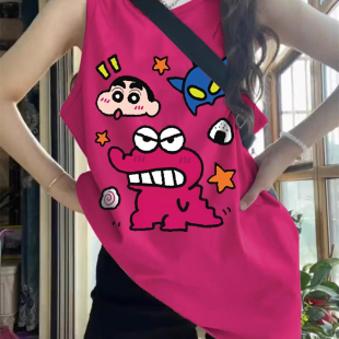 纯棉吊带运动跨栏背心无袖 宽松篮球服挂脖上衣 t恤女夏外穿中长款