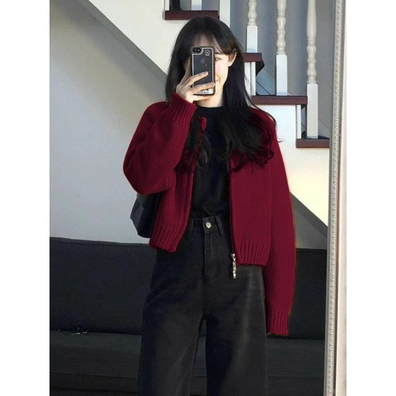 红色毛衣针织开衫外套女装2026新款秋冬季韩系休闲高级感短款上衣