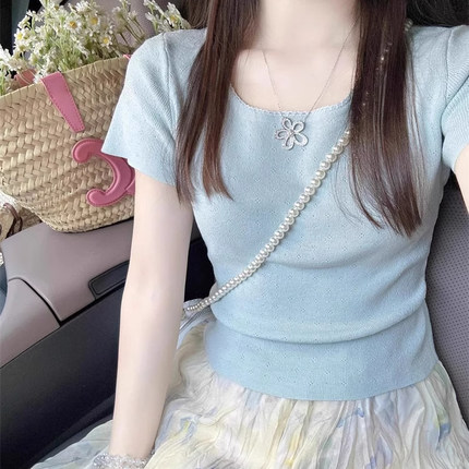 冰丝针织衫正肩短袖t恤女夏季设计感修身超好看独特漂亮短款上衣