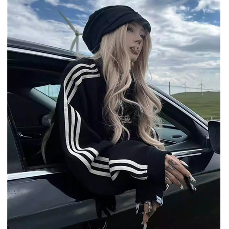 美式复古三条杠圆领卫衣女秋冬季