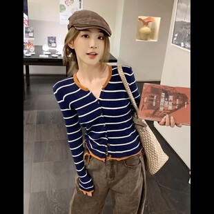 针织内搭打底衫 修身 女装 韩系毛衣开衫 独特漂亮上衣 早秋季 条纹长袖
