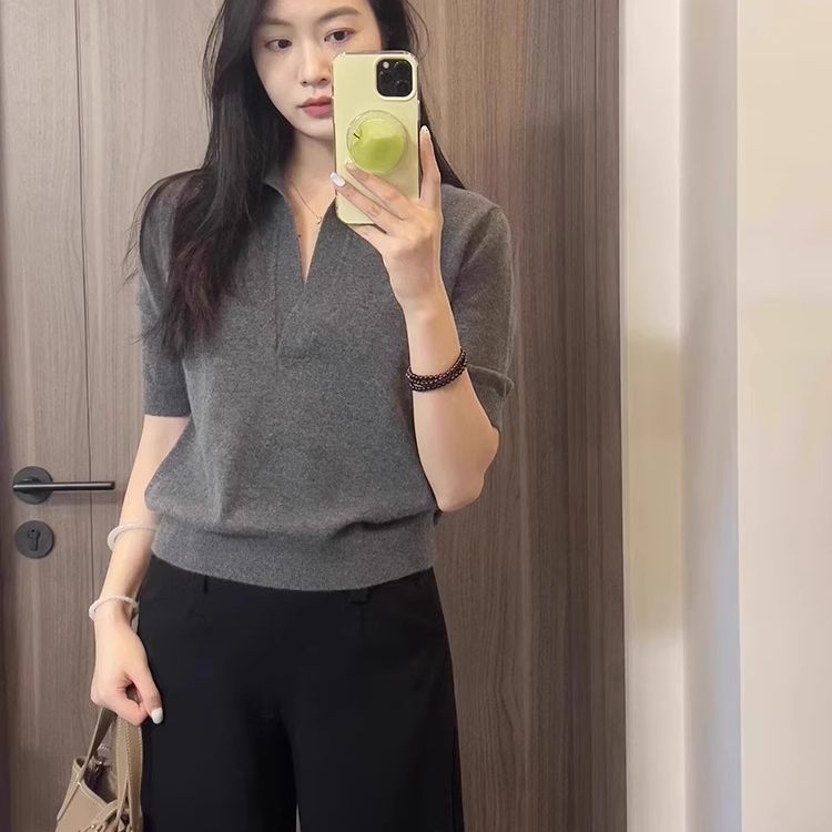 高级感灰色针织短袖正肩T恤女夏