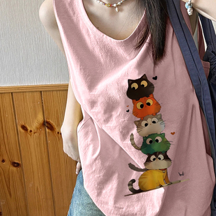 纯棉吊带运动跨栏背心无袖t恤女夏外穿慵懒风宽松篮球服挂脖上衣