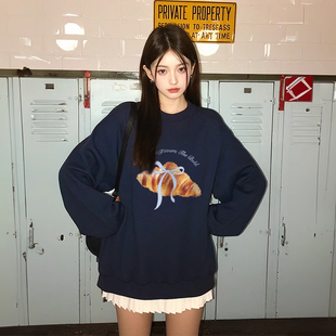 高街上衣 加绒加厚oversize美式 无帽圆领套头卫衣女2024新款 秋冬季