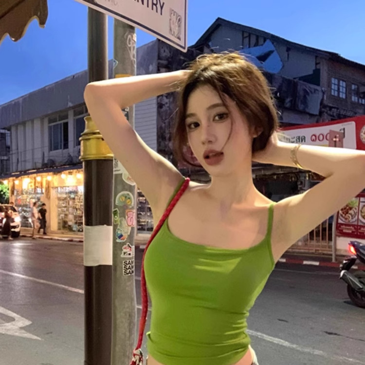 绿色小吊带内搭背心女夏外穿带胸垫美背文胸一体内衣抹胸打底上衣