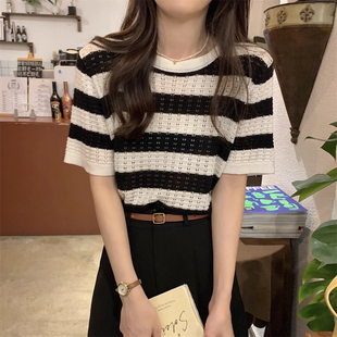 设计感小众上衣服 黑白条纹镂空针织衫 冰丝短袖 t恤女2025新款 夏季