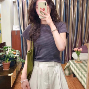 短款 条纹正肩纯棉短袖 设计感小众修身 T恤女2025新款 辣妹上衣 夏季