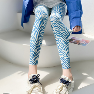 氧气蓝色斑马纹高腰收腹健身瑜伽瘦腿鲨鱼裤 印花打底薄 女外穿秋季