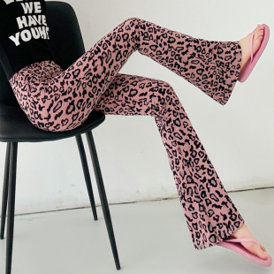 粉咖色豹纹微喇叭鲨鱼裤 高腰收腹无痕垂感透气加长瑜伽薄 女夏秋季