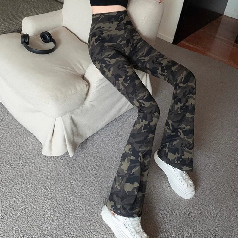 军绿色迷彩高腰收腹印花瘦腿外穿鲨鱼喇叭裤女打底长薄春夏健身美