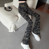 军绿色迷彩高腰收腹印花瘦腿外穿鲨鱼喇叭裤 女打底长薄春夏健身美