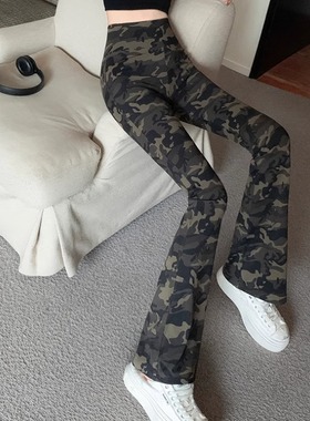 军绿色迷彩高腰收腹印花瘦腿外穿鲨鱼喇叭裤女打底长薄春夏健身美