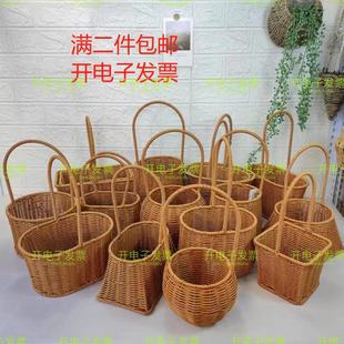 饰摆件 仿藤编手提花篮铁艺造型鲜花绿植篮子手工编织小花篮客厅装