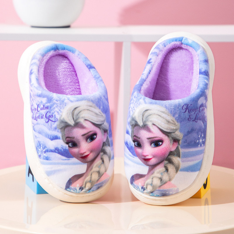 冰雪奇缘冬季加绒女童棉拖鞋中大童可爱防滑儿童室内新款毛毛拖鞋