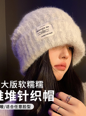 粗毛线针织帽女秋冬季保暖防寒大头围显脸小护耳加厚时尚贴布帽子