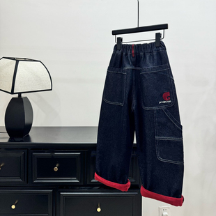 儿童帅气休闲裤 冬季 男童加绒牛仔裤 撞色宽松中大童老爹裤 年款
