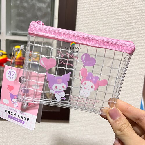 *日本sanrio三丽鸥库洛米美乐蒂可爱拉链收纳票据袋零钱包网格pvc