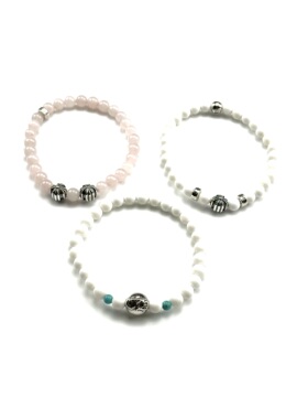 匠银JY 925纯银6mm三银珠十字花鸢尾花白玉石粉水晶潮流银手链