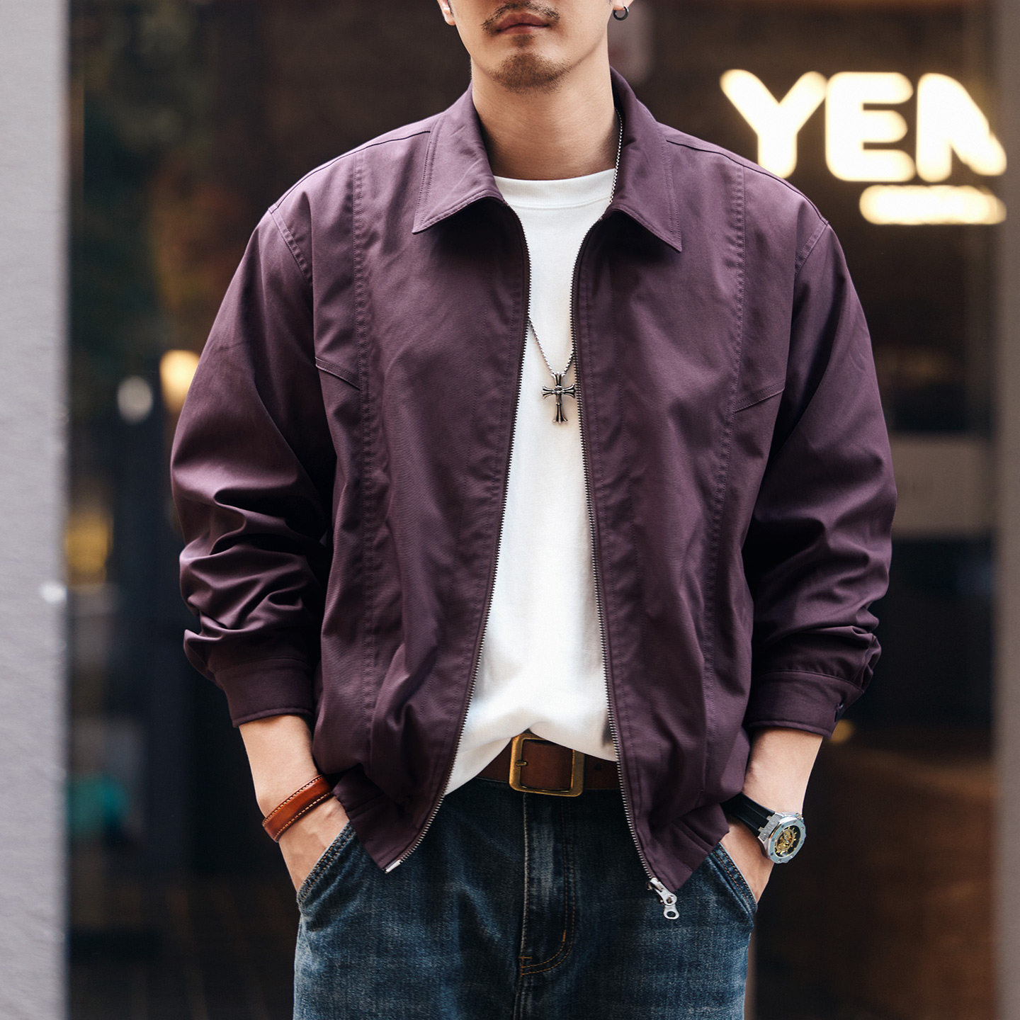 格蓝鹿美式潮牌哈灵顿飞行员男士夹克2026春秋新款紫色教练外套男