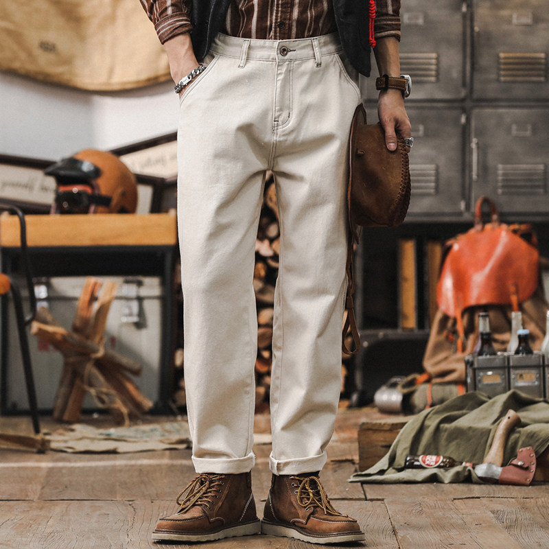 美式复古环保水洗白色牛仔裤男宽松直筒裤子男秋季简约百搭休闲裤