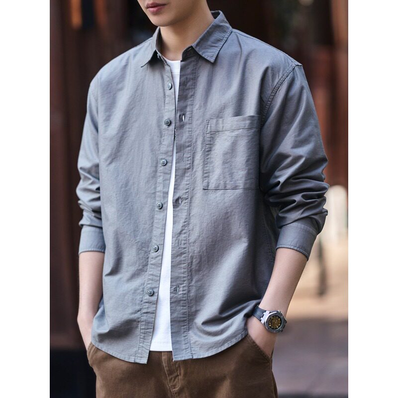 格蓝鹿美式复古工装长袖衬衫男2026春秋潮牌宽松纯色痞帅衬衣外套