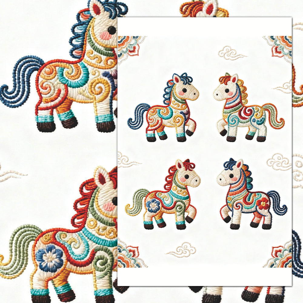 24张马年刺绣设计贴纸马年创意贴纸中国元素刺绣设计diy手机壳