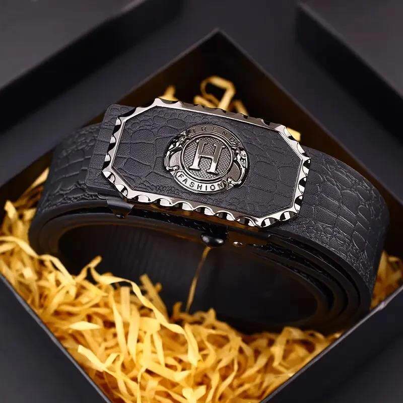 领可皮具轻奢皮带2025新款男士鳄鱼纹腰带无牙自动扣商务休闲裤带