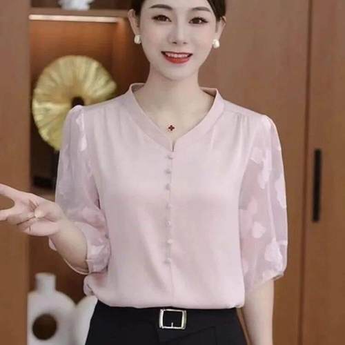 悦顺畅实业洋气小衫新款妈妈女装女士上衣中袖恤蕾丝雪纺衫