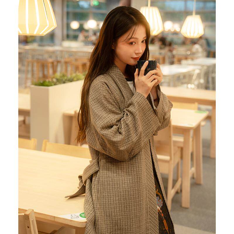 【时夏汉服】格子毛呢宋制汉服改良褙子 秋冬修身侧口袋汉服大衣