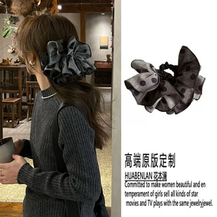 大号灰色波点大肠发圈布艺半扎发丸子头发绳发饰2026新款高级感