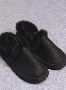 100桑蚕丝黑色龟裂纹千层底棉鞋女冬上新加绒保暖棉鞋中式厚底鞋