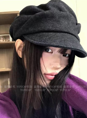 日系黑色褶皱贝雷帽女秋冬季马术帽复古纯色云朵八角帽子ins同款