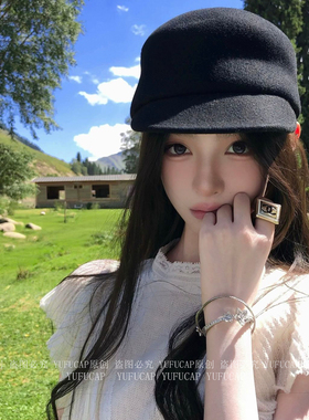 羊毛呢小香风格骑士帽网红黑色马术帽秋冬鸭舌贝雷帽子女简约优雅