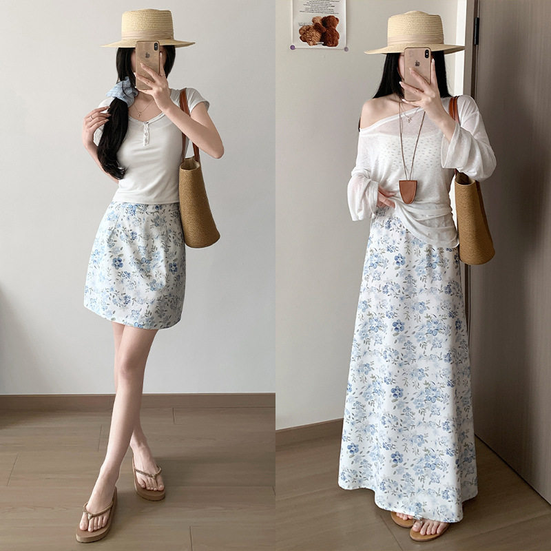 小清新蓝色碎花包臀裙女夏薄款高腰显瘦小个子百搭绝美a字半身裙