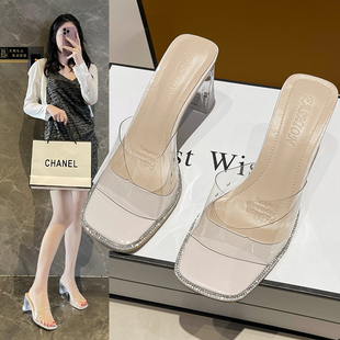 女外穿仙女风法式 时尚 水晶高跟鞋 2024新款 少女心凉拖 夏季 透明拖鞋