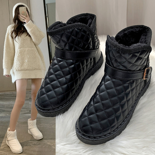 东北户外雪地靴女冬加绒加厚保暖棉鞋 中筒靴子女厚底防滑皮面短靴