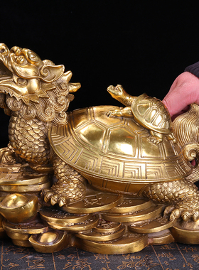 纯铜金钱龙龟母子三代龟摆件八卦龙头龟家居装饰办公室摆件工艺品