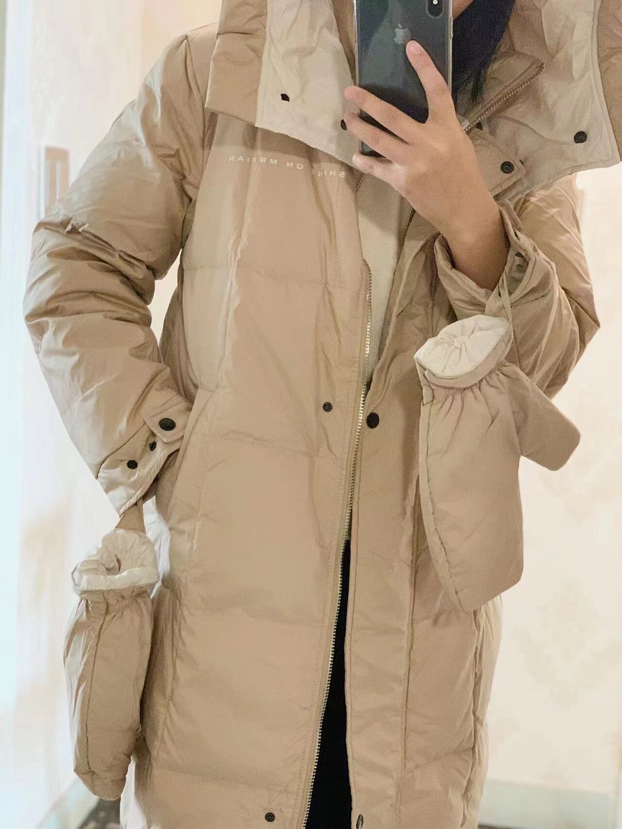 现货 羽绒服女中长款过膝韩版宽松加厚连帽白鸭绒直筒手套羽绒服