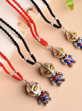 上新足银999奥特曼项链霸气宝宝纯银吊坠彩色编绳儿童银挂件礼物