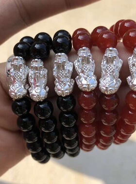 3D银999貔貅手链水晶黑红玛瑙珠链子手串珠子男女情侣饰品
