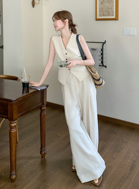 张贝贝ibell亚麻天丝老钱风设计感V领马甲+高腰阔腿休闲裤两件套