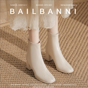 百丽班尼法式 白色小短靴加绒瘦瘦靴高跟裸靴马丁靴子 单靴春秋新款