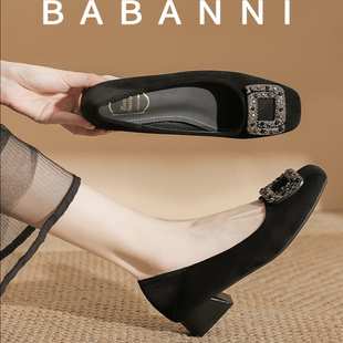 法式绝美真皮单鞋女春秋配裙粗跟方头粗跟中跟气质水钻工作小皮鞋