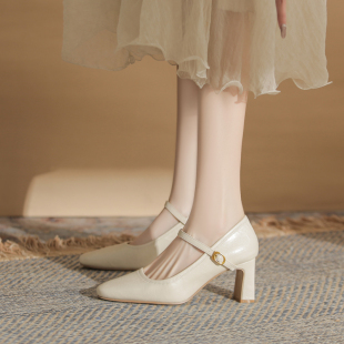 复古仙女粗跟一脚蹬小皮鞋 高跟鞋 女2025新款 百丽班尼真皮气质单鞋