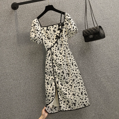高级感绝美小裙子女夏天大码微胖mm复古旗袍改良版碎花方领连衣裙