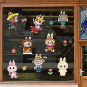 可爱动漫拉布布橱窗户浴室玻璃门贴纸装 饰labubu防水静电贴不带胶