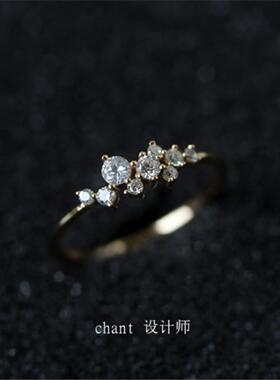 日本繁星戒指女纯银镀黄金色 潮婚礼小花束闪闪夜空镶钻指环礼物