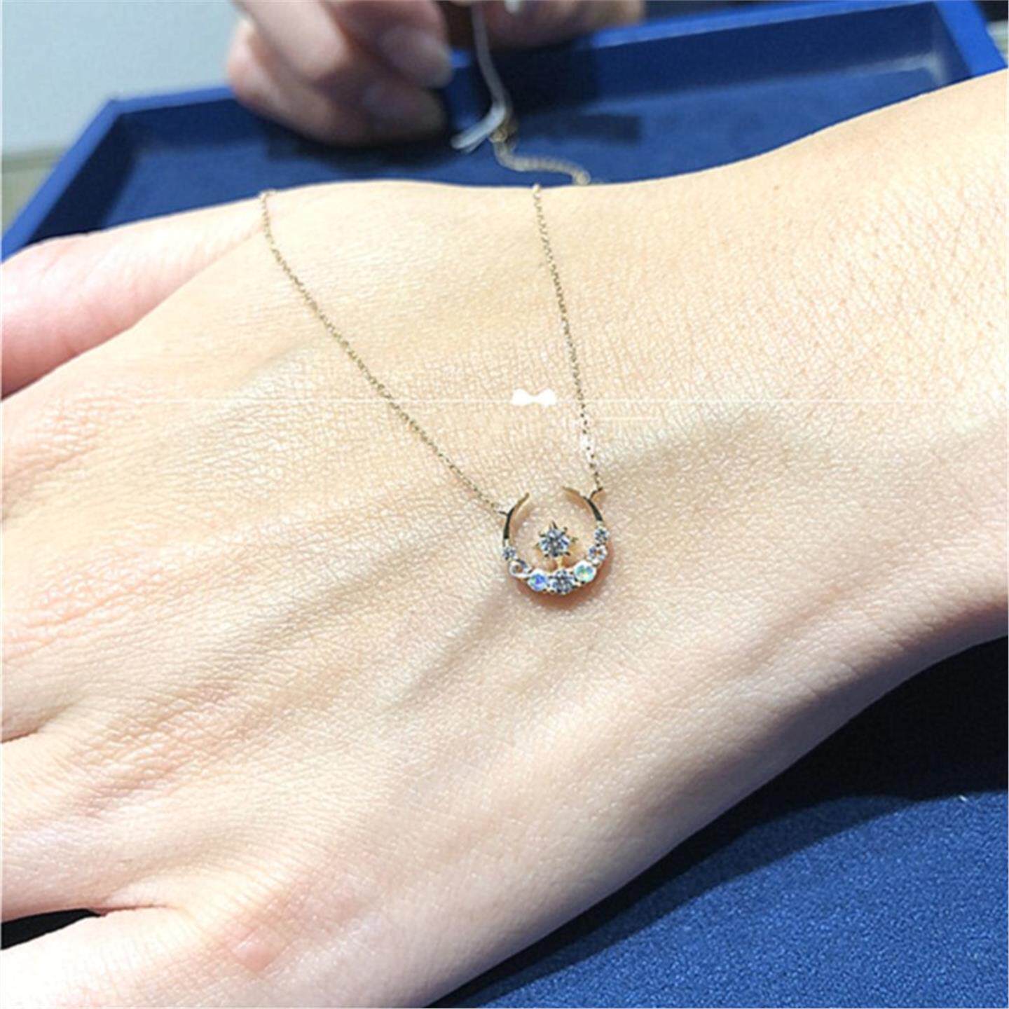 日本4度星星月亮项链 女纯银镀黄金色月光石锁骨链星月镶钻礼物潮