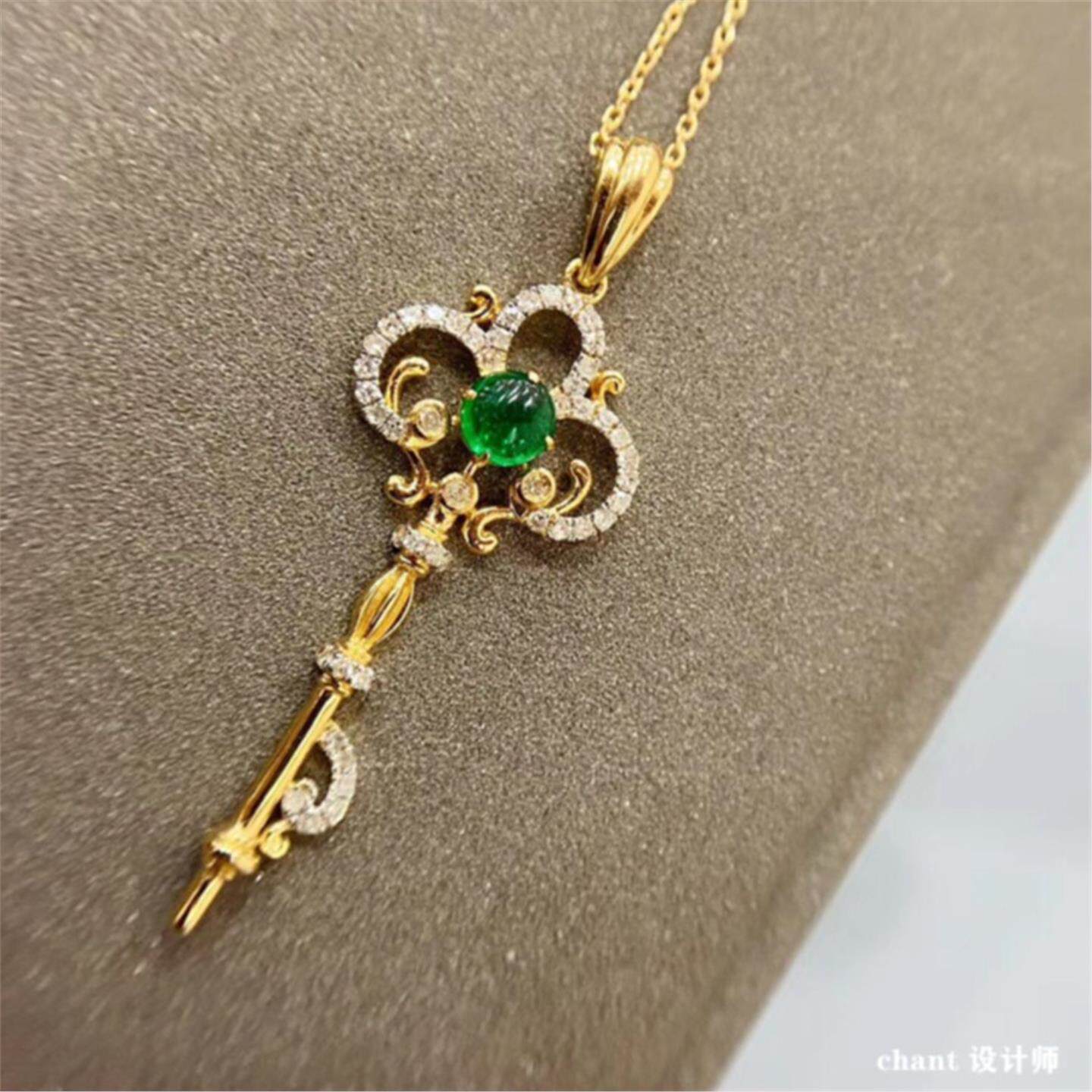 轻奢复古祖母绿钥匙项链 女宫廷纯银镀18K黄金圆形宝石钻石锁骨链