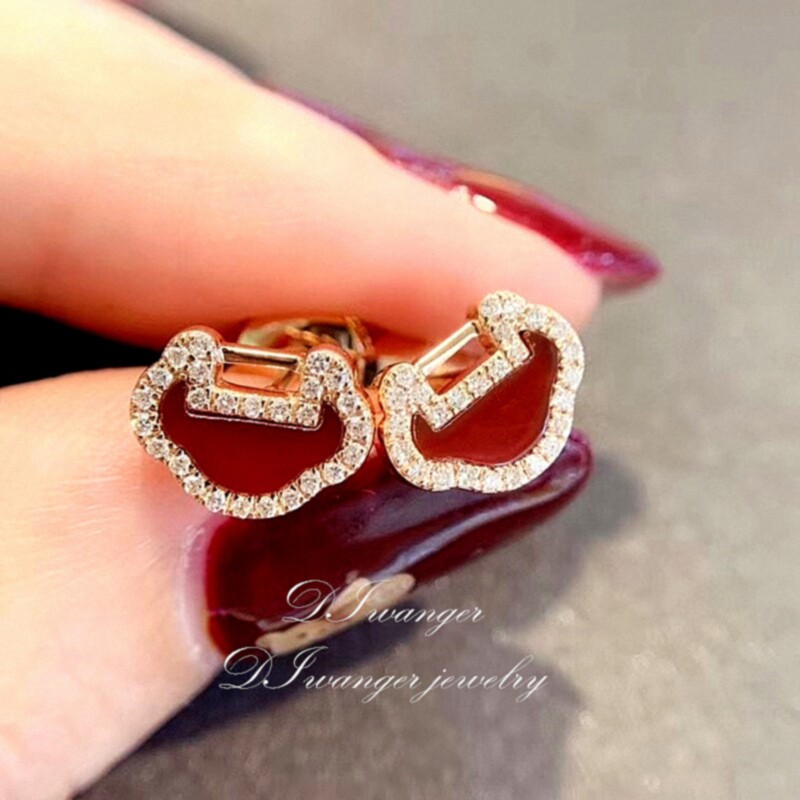 麒麟如意红玛瑙耳钉18K玫瑰金平安锁镶钻耳环小众高级感纯银百搭